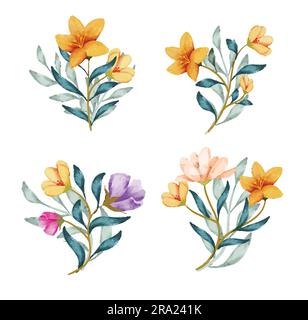 Spring floral brunch with colorful flowers and leaves in watercolor style Stock Vector