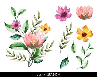 Watercolor spring flowers and leaves collection with floral bouquet Stock Vector