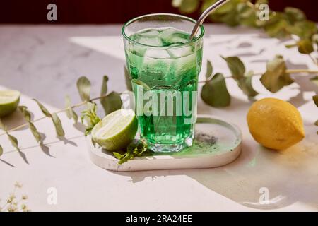 Tarragon healthy detox citrus green sparkling mocktail. Appletini Mocktail for St. Patricks Day. Non alcoholic vitaminized healthy beverage Stock Photo