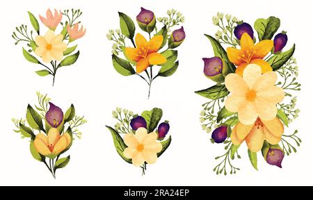 Watercolor wild flower branch illustration with floral bouquet Stock Vector