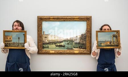 London, UK.  30 June 2023. Technicians present “Venice, a view of the Piazzetta with the southwest corner of the Doge's Palace; Venice, a view of the quay of the Dogana” by Giovanni Antonio Canal, called Canaletto (Est. £3,000,000 - 4,000,000) with (C) “Venice, a view of the Grand Canal looking north from near the Rialto Bridge, with the Fabbriche Nuove on the left” by Bernardo Bellotto (Est. £2,000,000 - 3,000,000) at a preview of highlights Sotheby’s Old Masters & 19th Century Paintings Summer Sales.  Works will be auctioned at Sotheby’s New Bond Street galleries 5 to 7 July.   Credit: Steph Stock Photo