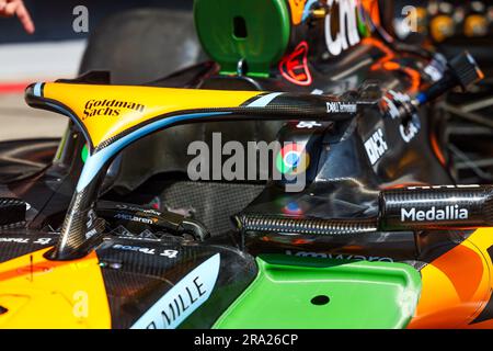 Spielberg, Austria, 30/06/2023, McLaren F1 Team MCL60, mechanical detail of the halo during the 2023 Formula 1 Rolex Grosser Preis von Osterreich, 2023 Austrian Grand Prix, 9th round of the 2023 Formula One World Championship from June 30 to July 2, 2023 on the Red Bull Ring, in Spielberg, Austria Stock Photo