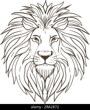 Lion head hand drawn sketch. Ink outline line, wildlife animal. Portrait of main beast of Africa. Male predator image, isolated vector illustration Stock Vector
