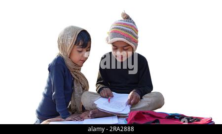 Enjoying his learning experience. Two schoolboys doing their schoolwork in the white background. Stock Photo