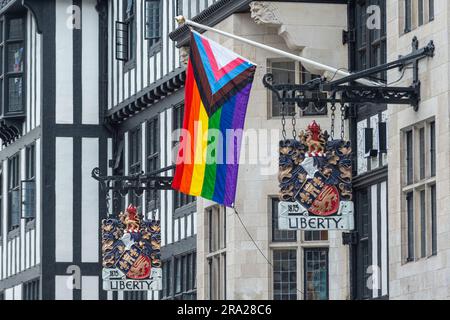 London, UK.  30 June 2023.  The Liberty department store carries a rainbow coloured flag in Regent Street ahead of tomorrow’s Pride in London where thousands of visitors are expected to view and take part.  The event began in 1972 as a protest to bring attention to the LGBT community.  The original organisers, the Gay Liberation Front (GLF), have stated that Pride in London has become overly commercialised and dominated by corporations.  Credit: Stephen Chung / Alamy Live News Stock Photo