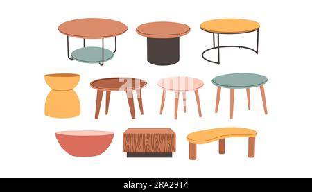 Set of tables in scandinavian style. Wooden flat coffee table. Vector illustration. Stock Vector