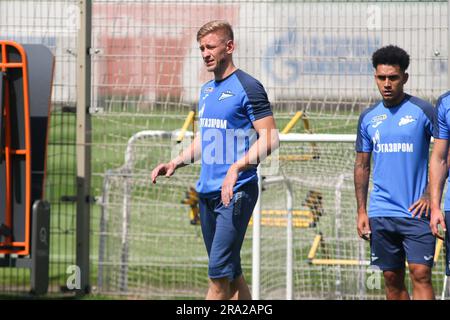 Saint Petersburg, Russia. 30th June, 2023. Dmitri Chistyakov (C) of Zenit Football Club warms up during the training session at Gazprom Training Centre before the international football tournament, the Pari Premier Cup. Credit: SOPA Images Limited/Alamy Live News Stock Photo