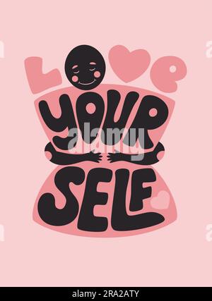 Retro lettering phrase Love yourself with hags. Text isolated on pink background. Vector illustration. Stock Vector
