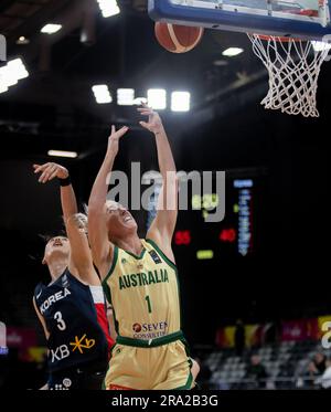 Sydney, Australia. 30th June, 2023. Lauren Nicholson (R) of Australia competes during the qualification semi final match between Australia and South Korea at the 2023 FIBA Women's Asia Cup in Sydney, Australia, June 30, 2023. Credit: Hu Jingchen/Xinhua/Alamy Live News Stock Photo