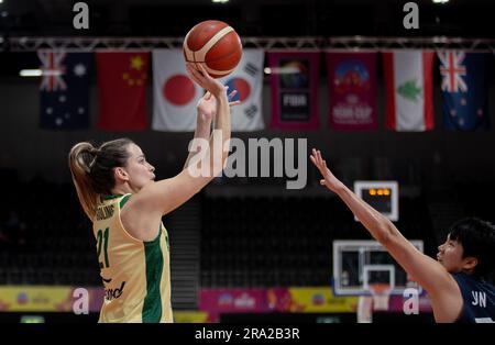 Sydney, Australia. 30th June, 2023. Keely Jane Froling (L) of Australia shoots during the qualification semi final match between Australia and South Korea at the 2023 FIBA Women's Asia Cup in Sydney, Australia, June 30, 2023. Credit: Hu Jingchen/Xinhua/Alamy Live News Stock Photo