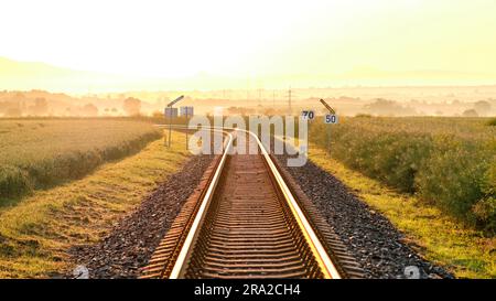 Railway tracks in morning at sunrise. Summer vacation rail road trip travel concept. Tracks between agricultural fields flooded by bright golden light Stock Photo