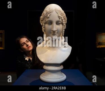 Christie's, London, UK. 30th June, 2023. Christie's Classic Week in London returns this Summer with ten live auctions and one online sale. The series runs from 30 June - 14 July, with auction highlights on public view from 1 July. Image: (Old Masters sale 6 July). Antonio Canova, Bust of Helen, marble. Estimate: £2,500,000-4,000,000. Credit: Malcolm Park/Alamy Live News Stock Photo