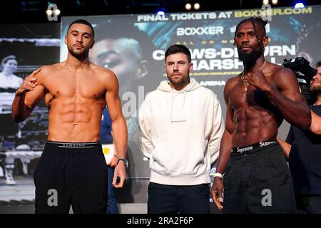 Boxers Callum Simpson and Boris Crighton during a weigh in at the AO Arena, Manchester. Picture date: Friday June 30, 2023. Stock Photo