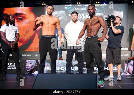 Boxers Callum Simpson and Boris Crighton during a weigh in at the AO Arena, Manchester. Picture date: Friday June 30, 2023. Stock Photo