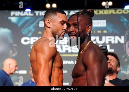 Boxers Callum Simpson and Boris Crighton during a weigh in at the AO Arena, Manchester. Picture date: Friday June 30, 2023. Stock Photo