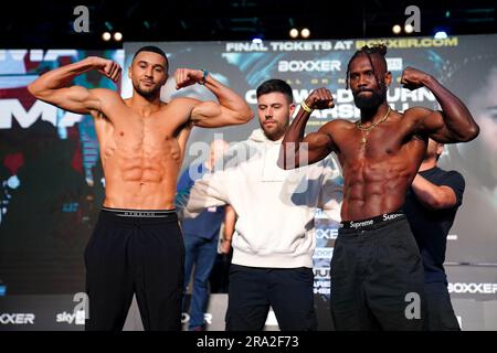 Boxers Callum Simpson and Boris Crighton during a weigh in at the AO Arena, Manchester. Picture date: Friday June 30, 2023. Stock Photo