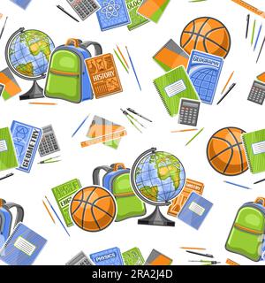 Vector School Seamless Pattern, decorative repeating background with illustrations of school tools for wrapping paper, collection of flat lay school s Stock Vector