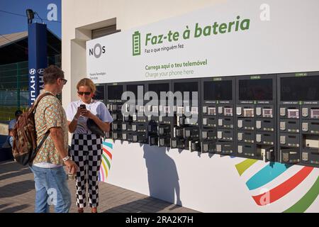 Portugal, Lisbon district, Oeiras, Parque de Alges, Nos Alive music festival, Mobile phone charging stations Stock Photo