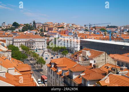 Portugal, Lisbon, Baixa de Lisboa district, view over the roofs of the old town and the King Peter IV Square (Praça Dom Pedro IV) Stock Photo