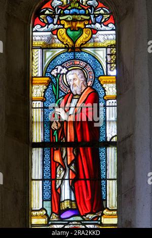 France, Meurthe et Moselle, Saintois region, Sion Vaudemont hill, Saxon Sion, Notre Dame de Sion basilica, high place of devotion to the Virgin Mary of the dukedom of Lorraine, stained glass window representing Saint Joseph husband of Virgin Mary and foster father of Jesus made by Marechal and Champigneulle workshop in Bar le Duc in 1876 Stock Photo