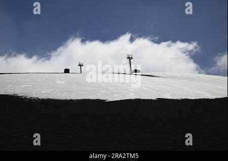 Volcanic landscape with scenic view of aerial cable car poles on Mount Etna Summit in Catania Sicily, Italy. Stock Photo