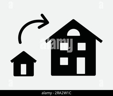 Upgrade House Icon. Big Bigger Home Apartment Condominium Upsize Large Larger Increase Up. Black White Graphic Clipart Artwork Symbol Sign Vector EPS Stock Vector