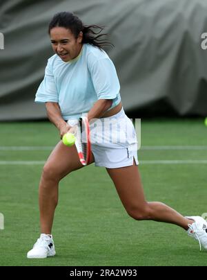 Heather Watson practices at the All England Lawn Tennis and Croquet Club in Wimbledon, ahead of the championships which start on Monday. Picture date: Friday June 30, 2023. Stock Photo