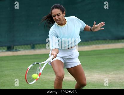 Heather Watson practices at the All England Lawn Tennis and Croquet Club in Wimbledon, ahead of the championships which start on Monday. Picture date: Friday June 30, 2023. Stock Photo