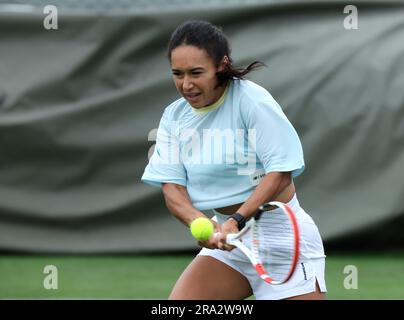 Heather Watson practices at the All England Lawn Tennis and Croquet Club in Wimbledon, ahead of the championships which start on Monday. Picture date: Friday June 30, 2023. Stock Photo