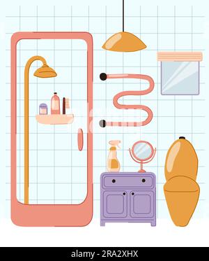 Bathroom interior with shower cabin, toilet, window in doodle flat style. Vector illustration of design modern bathroom. Stock Vector