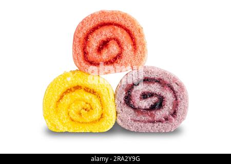 Front view of three delicious homemade cake roll isolated on white background with clipping path. Stock Photo
