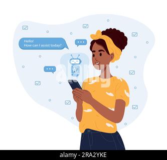 ChatGPT AI chat concept, artificial intelligence. An African American woman uses the technology of a smart AI robot. Dialogue between the AI assistant Stock Vector