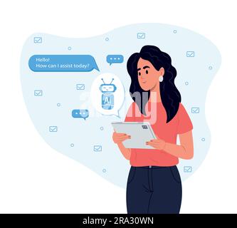 ChatGPT AI chat concept, artificial intelligence. Business lady uses the technology of a smart AI robot. Dialogue between the AI assistant and the Stock Vector