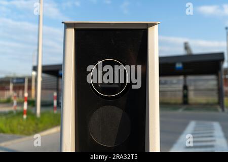 Automatic number plate recognition camera. Parking lot license plate reader, entrance pass automation. Car park entry identification system. Stock Photo