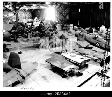 Aircraft in a Hangar at the Naval Air Station at Brunswick, Maine. Official U.S. Navy Photography Photo Lab - NAS - Brunswick, ME. Brun NO. 738-3-44. Date: 14 March 1944. Damaged plane. Hangar #3 far balcony.. 1944-03-14T00:00:00. Stock Photo