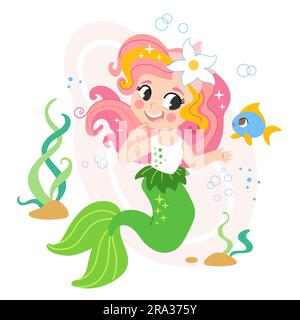 Cute cartoon pink haired mermaid with a friend fish. Vector cartoon isolated illustration in flat style. White background. For print, design, poster, Stock Vector
