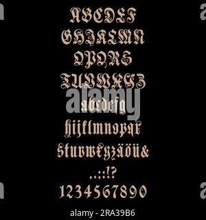 Medieval style design. Gothic font, letters and numbers, hand drawn in vintage retro style Stock Vector