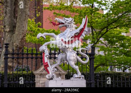 Dragon statues, a popular tourist attraction, guard the City of London. The Square Mile Dragons, watch dragons, are boundary markers for entry points. Stock Photo