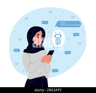 Modern Muslim woman uses the technology of a smart AI robot. ChatGPT AI chat concept, artificial intelligence. Dialogue between the AI assistant and Stock Vector