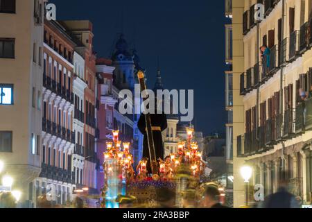 Easter, Holy Week, Semana Santa in Madrid, Spain with parades and religious processions. Parade floats, crowds and music for this major celebration. Stock Photo