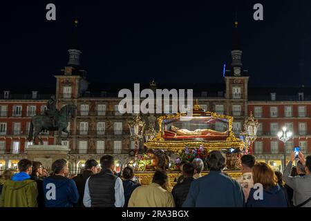 Plaza Mayor Madrid, Spain Easter, Holy Week Semana Santa Processions. Religious parades, citywide celebration with floats, bands tourists and culture. Stock Photo