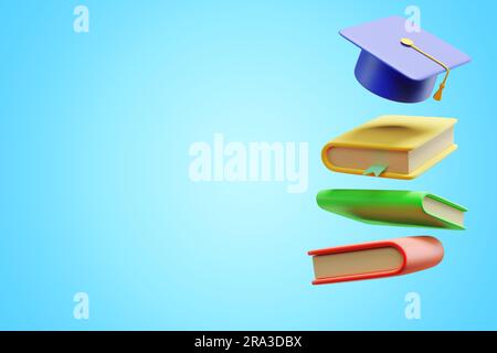 Books and academic graduate cap in flight. 3d rendering Stock Photo