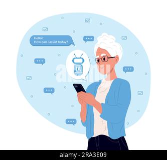 Elderly woman uses the technology of a smart AI robot. ChatGPT AI chat concept, artificial intelligence. Dialogue between the AI assistant and the Stock Vector