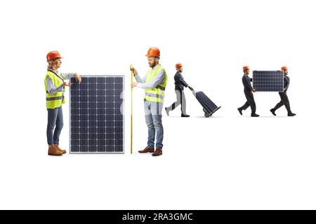 Engineers measuring a photovoltaic panel and workers carrying panels in the back isolated on white background Stock Photo