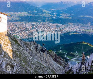 Innsbruck: view from Hafelekar to Seegrube area of the Nordkette (Inntalkette) range of mountains and to Innsbruck city, Nordkettenbahn (Nordkette Cab Stock Photo