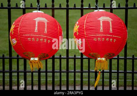 LONDON, UK - FEBRUARY 21, 2010:  Chinese paper lanterns on railing fence in  Trafalgar Square during celebrations for Chines New Year Stock Photo