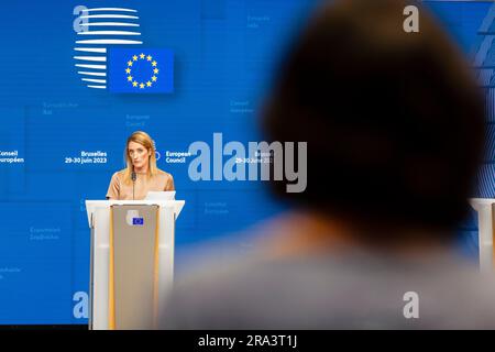 Brussels, Belgium. 29th June, 2023. Nicolas Landemard/Le Pictorium - European Summit in Brussels on 30 June 2023. - 29/6/2023 - Belgium/Brussels/Brussels - Press conference with the President of the European Parliament, Roberta Metsola. Credit: LE PICTORIUM/Alamy Live News Stock Photo