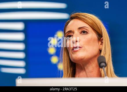 Brussels, Belgium. 29th June, 2023. Nicolas Landemard/Le Pictorium - European Summit in Brussels on 30 June 2023. - 29/6/2023 - Belgium/Brussels/Brussels - Press conference with the President of the European Parliament, Roberta Metsola. Credit: LE PICTORIUM/Alamy Live News Stock Photo