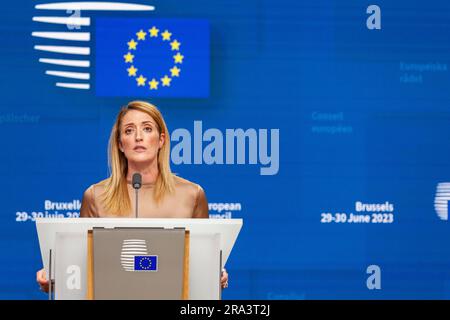 Brussels, Belgium. 29th June, 2023. Nicolas Landemard/Le Pictorium - European Summit in Brussels on 30 June 2023. - 29/6/2023 - Belgium/Brussels/Brussels - Press conference with the President of the European Parliament, Roberta Metsola. Credit: LE PICTORIUM/Alamy Live News Stock Photo