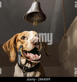 Illustration of Pavlov's dog experiment where a dog was conditioned to salivate upon hearing a bell ringing in expectation of food. Stock Photo